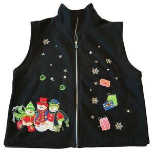 Vintage 90s MHD Fleece Ugly Christmas Vest XL Snowman & Gift Embellishments